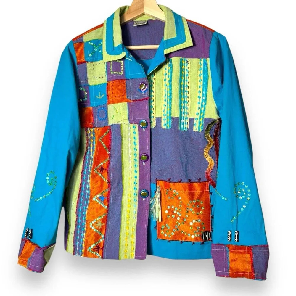 Parsley & Sage Women’s Boho Chic Jacket Multicolor Patchwork Size Small Vibrant